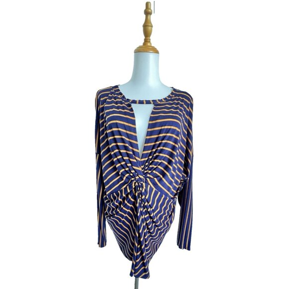 NWT Navy Mustard Top US Sz 14 Striped Rusched Blouse EU Sz 46 UK Sz 18 George - Picture 1 of 13